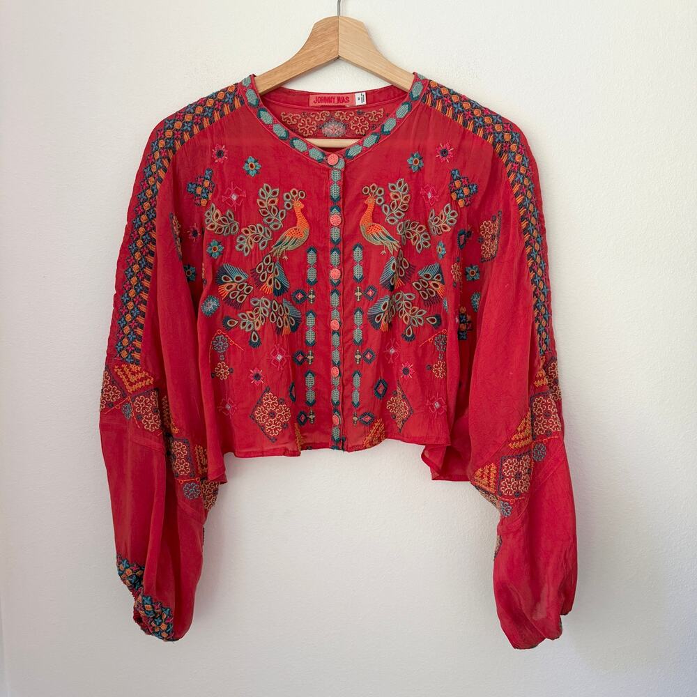 Johnny Was Embroidered Blouse Sz Medium Red